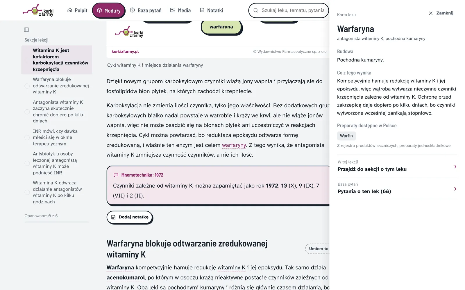 Karta leku warfaryna otwarta obok lekcji o antagonistach witaminy K